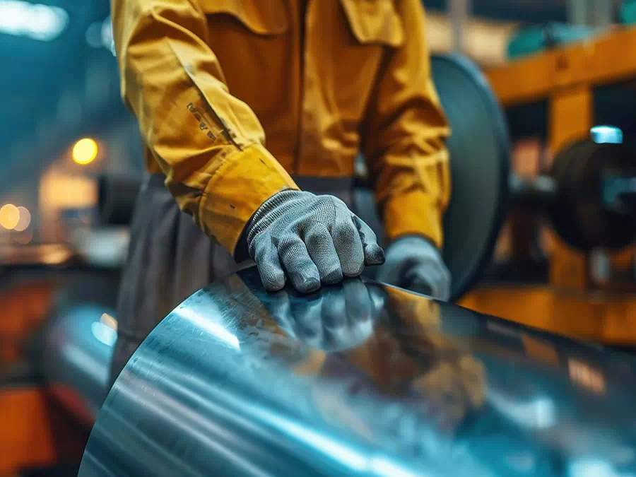Operaio maneggia una lamiera con i guanti Mantova